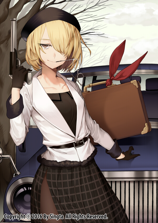 1girl bangs belt belt_buckle black_belt blazer blonde_hair brown_gloves brown_hat buckle carchet clouds cloudy_sky collarbone commentary copyright_name gloves gun hair_over_one_eye handkerchief hat headlight holding holding_gun holding_weapon jacket leaning leaning_on_object looking_at_viewer official_art open_door original patterned_clothing rear-view_mirror short_hair sid_story skirt sky solo suitcase tree tree_branch watermark weapon white_blazer
