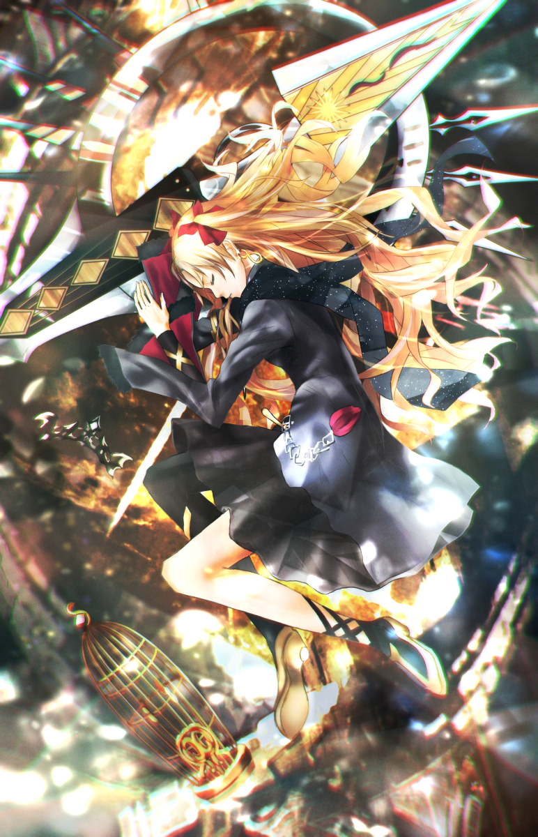 1girl black_dress blonde_hair cage closed_eyes crown_removed dress earrings ereshkigal_(fate/grand_order) fate/grand_order fate_(series) hair_ribbon highres huge_weapon jewelry long_hair red_ribbon ribbon short_dress solo tanikku two_side_up weapon