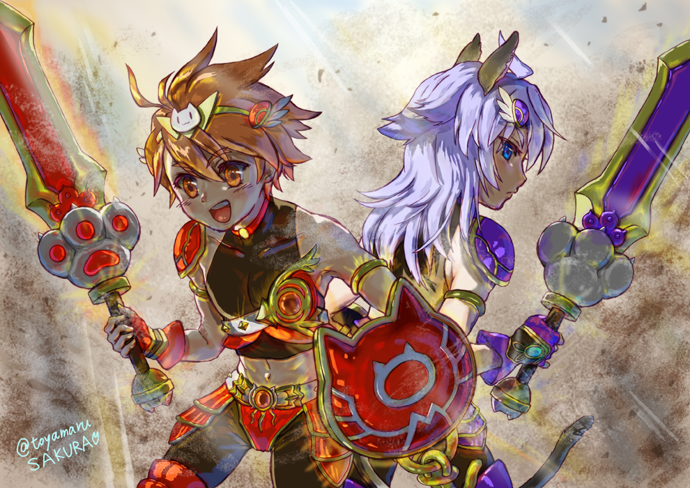 2boys ahoge alternate_hair_length alternate_hairstyle animal_ears armor artist_name bikini_armor blue_eyes blush brown_eyes brown_hair cat_ears cat_tail catboy eyebrows forked_eyebrows ledo_vassar long_hair male_focus multiple_boys open_mouth pop-up_story selim_spark shield smile sword tail toyamaru_sakura weapon