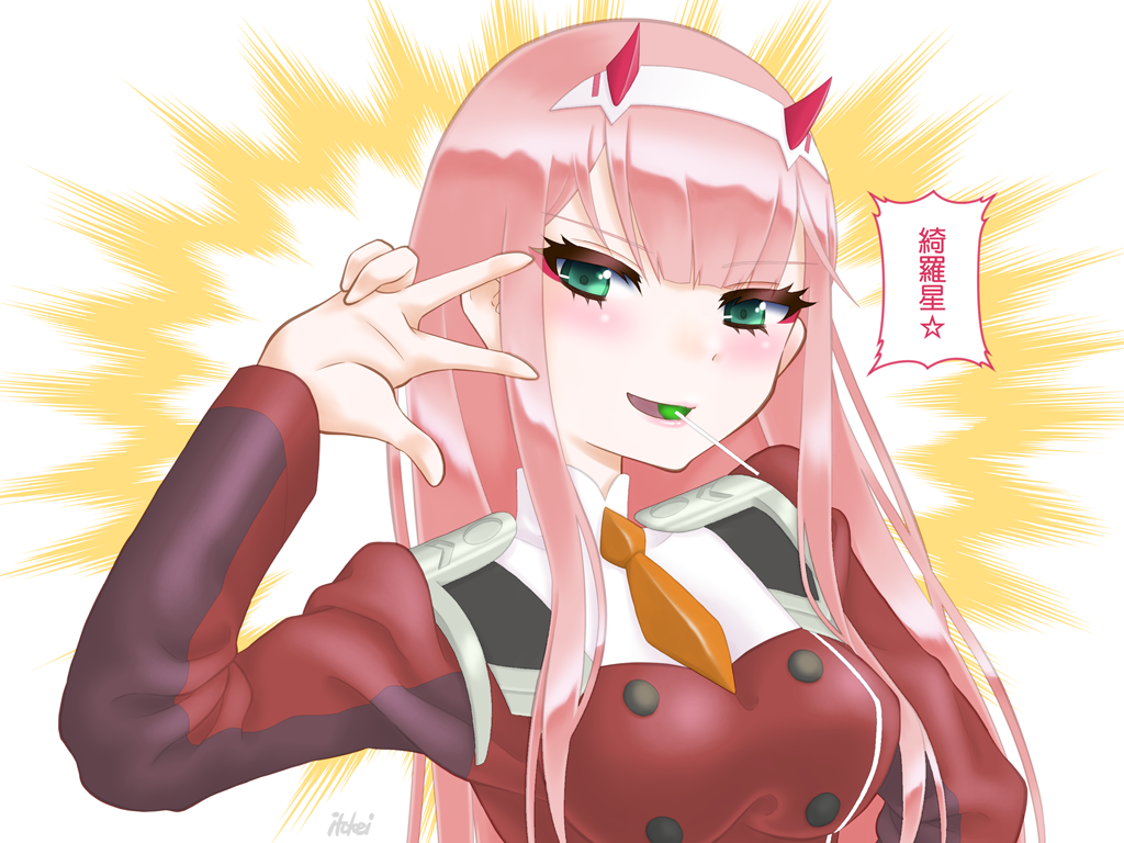 green_eyes long_hair pink_hair smile zero_two_(darling_in_the_franxx)