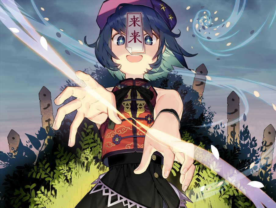 1girl :d bangs bare_shoulders beret black_skirt blue_eyes blue_hair bright_pupils china_dress chinese_clothes dress fingernails foreshortening hat long_hair looking_at_viewer misoni_comi miyako_yoshika ofuda open_mouth outdoors outstretched_arms round_teeth short_hair skirt sleeveless smile solo standing teeth touhou wristband