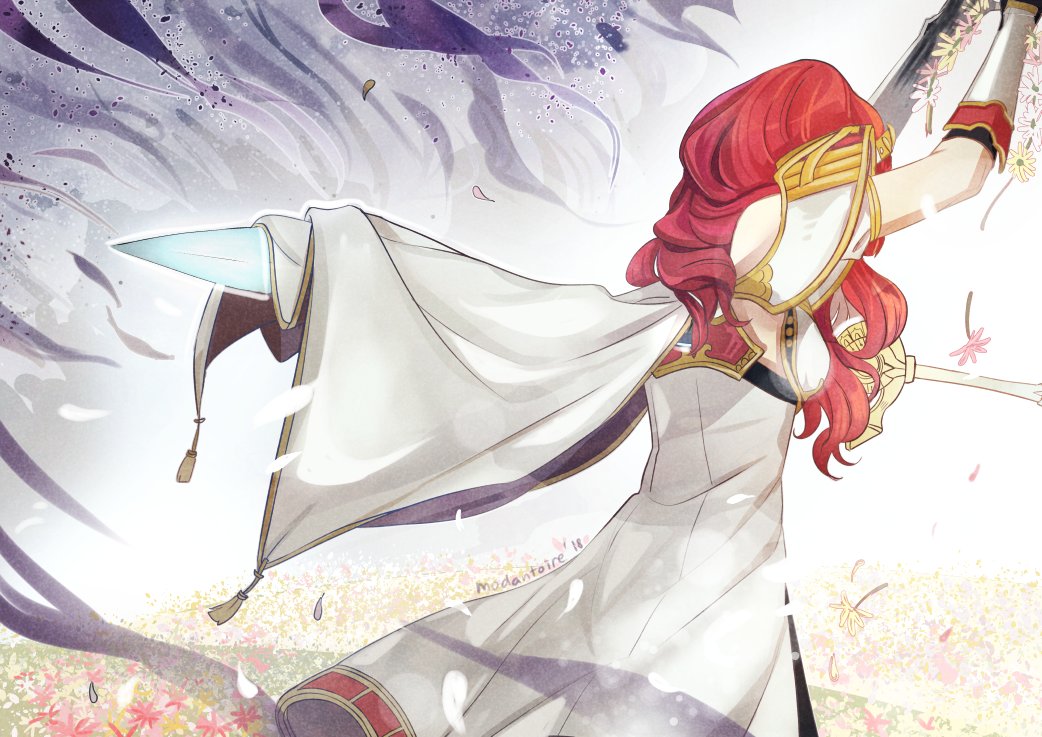 1girl armor cape celica_(fire_emblem) death dress field fingerless_gloves fire_emblem fire_emblem_echoes:_mou_hitori_no_eiyuuou fire_emblem_heroes gloves jewelry long_hair modantoire polearm redhead solo spear spoilers sword tiara weapon