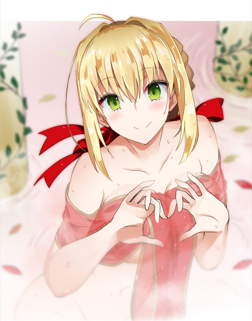 1girl ahoge bathing blonde_hair blush breasts cleavage collarbone fate/extra fate_(series) green_eyes heart heart_hands highres looking_at_viewer nero_claudius_(fate) nero_claudius_(fate)_(all) see-through smile solo vane wet