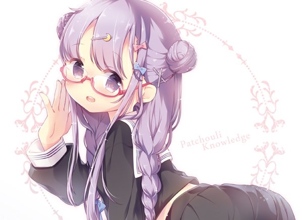 1girl adjusting_eyewear alternate_costume aogiri_sei bespectacled black_serafuku blue_ribbon braid character_name commentary_request cowboy_shot crescent crescent_hair_ornament double_bun ear eyebrows_visible_through_hair from_side glasses hair_ornament hair_ribbon hairclip leaning_forward long_sleeves looking_at_viewer midriff neckerchief open_mouth patchouli_knowledge purple_hair ribbon school_uniform semi-rimless_eyewear serafuku side_braid solo touhou twin_braids violet_eyes