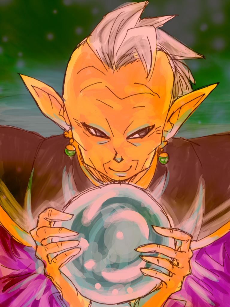 1boy black_eyes character_request crystal_ball dragon_ball dragon_ball_super earrings egyptian_clothes green_background happy jewelry long_sleeves looking_away male_focus mohawk pointy_ears simple_background smile white_hair