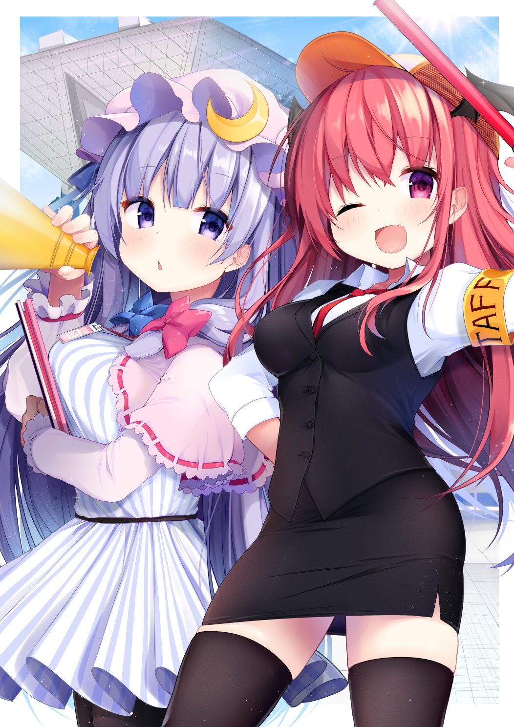2girls baseball_cap black_legwear blue_bow bow breasts capelet crescent crescent_moon_pin fang hair_bow hand_up hat head_wings highres holding koakuma large_breasts long_hair looking_at_viewer medium_breasts megaphone miniskirt multiple_girls necktie one_eye_closed open_mouth patchouli_knowledge pencil_skirt pink_bow purple_hair purple_hat red_eyes red_neckwear redhead shiika_yuno skirt smile standing thigh-highs touhou violet_eyes wing_collar