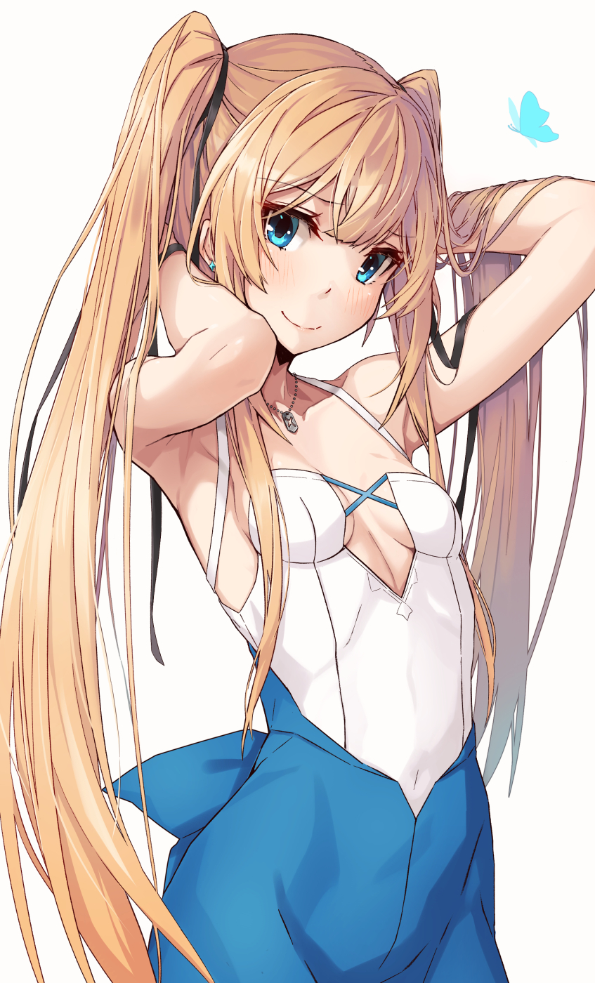 1girl armpits arms_behind_head bare_shoulders blue_eyes blush breasts cleavage earrings highres jewelry long_hair looking_at_viewer necklace original simple_background sleeveless smile solo takanashi_kei_(hitsujikan) twintails very_long_hair white_background