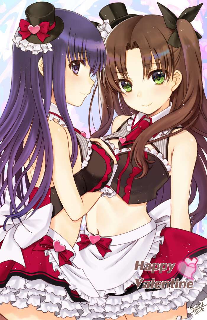 2girls apron bangs black_bow black_hat bow breasts brown_hair closed_mouth crop_top eyebrows_visible_through_hair fate/stay_night fate_(series) frilled_apron frilled_skirt frills green_eyes hair_bow hat head_tilt heart hijiri_ruka large_breasts long_hair looking_at_viewer looking_to_the_side matou_sakura medium_breasts midriff mini_hat mini_top_hat multiple_girls navel necktie profile purple_hair purple_neckwear red_bow red_skirt short_necktie skirt smile tohsaka_rin top_hat two_side_up very_long_hair violet_eyes waist_apron white_apron white_bow