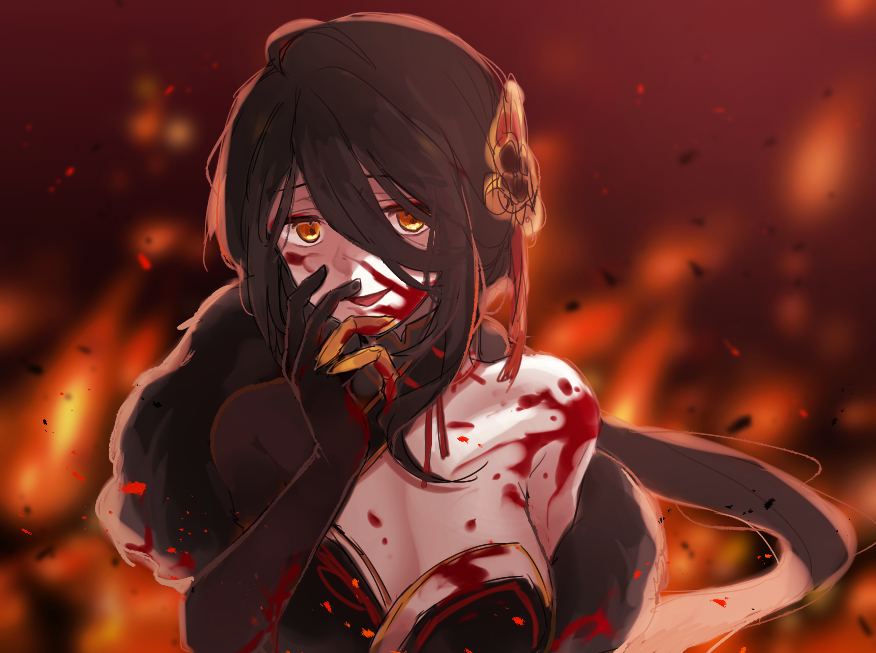 1girl :d ara_han black_gloves black_hair blood blood_on_face bloody_clothes breasts cleavage elbow_gloves elsword floating_hair gloves hair_between_eyes inna large_breasts long_hair looking_at_viewer open_mouth orange_eyes ponytail smile solo upper_body very_long_hair