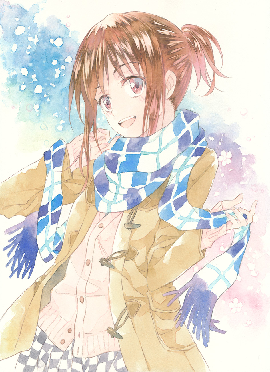 1girl :d agahari bangs blue_scarf blue_skirt brown_eyes brown_hair calligraphy_brush_(medium) cardigan checkered checkered_scarf checkered_skirt colored_pencil_(medium) eyebrows_visible_through_hair fingernails hands_up highres long_sleeves looking_at_viewer open_mouth original paintbrush ponytail scarf short_hair skirt sleeves_past_wrists smile solo traditional_media upper_body vest