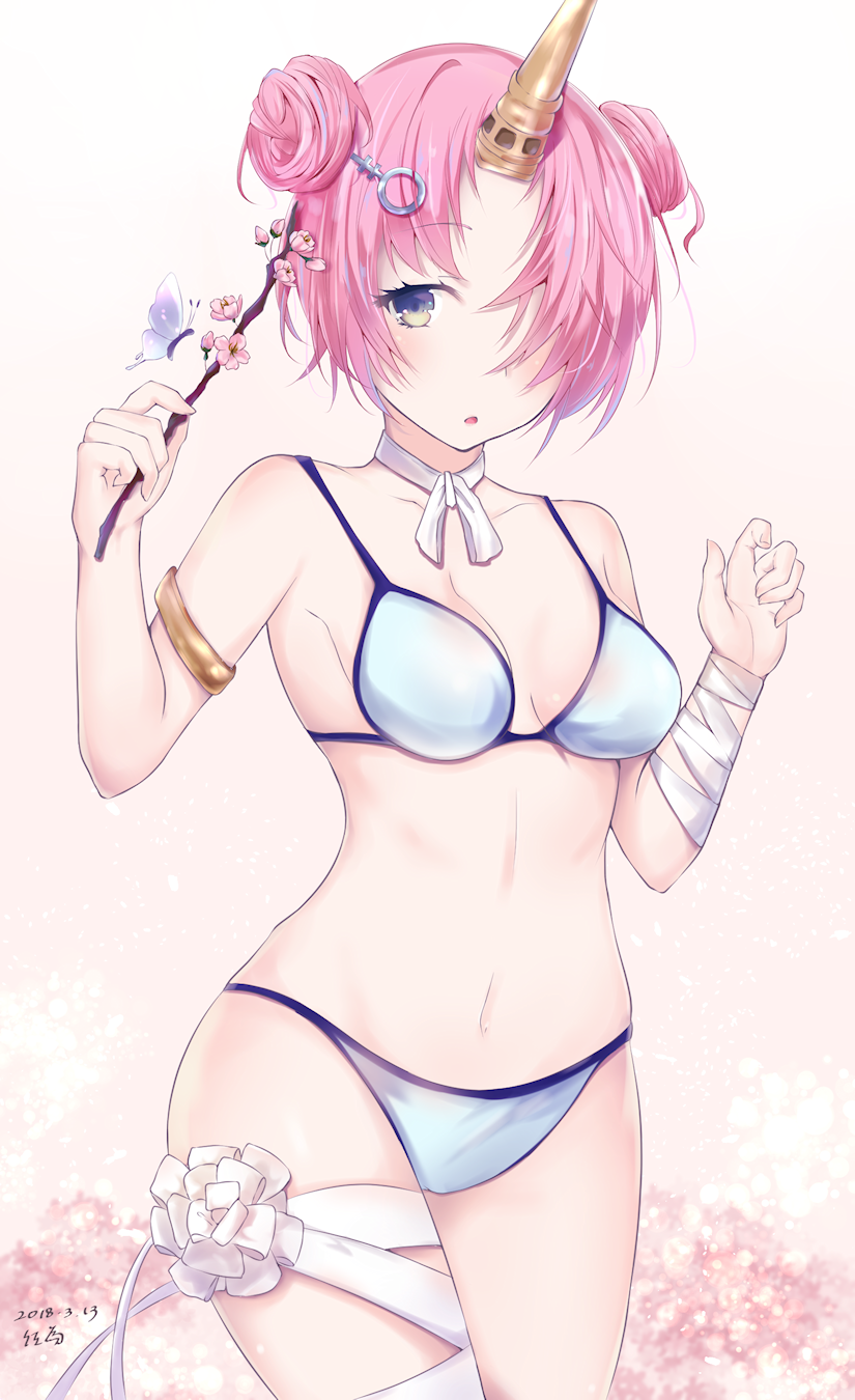 1girl bandage bandaged_arm bandaged_leg bikini blush breasts butterfly dated double_bun eyebrows_visible_through_hair fate/apocrypha fate/grand_order fate_(series) frankenstein's_monster_(fate) frankenstein's_monster_(swimsuit_saber)_(fate) hair_ornament hair_over_one_eye hairclip highres holding horn medium_breasts navel pink_hair ribbon sai_(saipoko) short_hair side_bun signature solo swimsuit thigh_ribbon