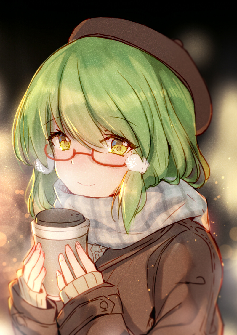 1girl bangs beret bison_cangshu closed_mouth coat coffee_cup enpera eyebrows_visible_through_hair glasses green_hair grey_scarf hair_between_eyes hat looking_at_viewer original red-framed_eyewear scarf semi-rimless_eyewear sleeves_past_wrists smile solo sweater under-rim_eyewear yellow_eyes