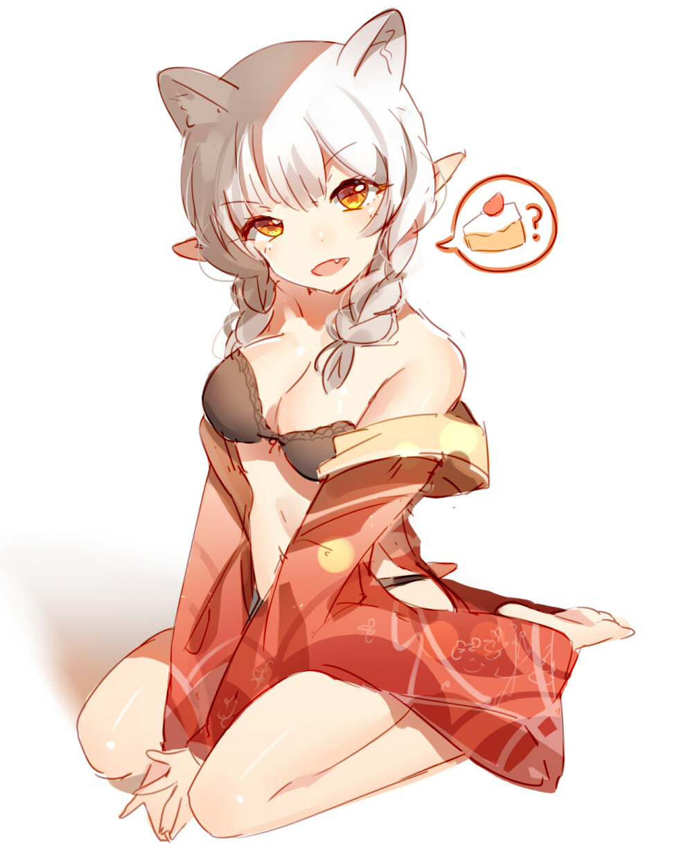 1girl :d ? animal_ears barefoot between_legs bison_cangshu black_bra black_panties bra braid breasts cat_ears cleavage collarbone copyright_request fang full_body hand_between_legs head_tilt highres long_sleeves looking_at_viewer low_twintails medium_breasts navel off_shoulder open_mouth panties pointy_ears seiza silk sitting smile solo spoken_object twin_braids twintails underwear white_background