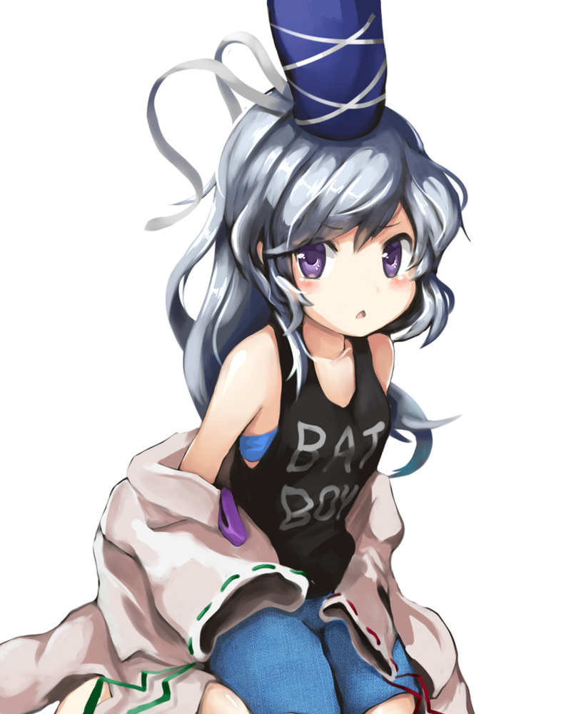 1860_(ichi) 1girl bare_shoulders blue_bra blue_eyes blue_shorts blush bra breasts clothes_removed clothes_writing collarbone english hands_in_sleeves hat japanese_clothes kariginu looking_at_viewer mononobe_no_futo ponytail short_hair shorts silver_hair simple_background sitting small_breasts solo tank_top tate_eboshi touhou triangle_mouth underwear wariza white_background