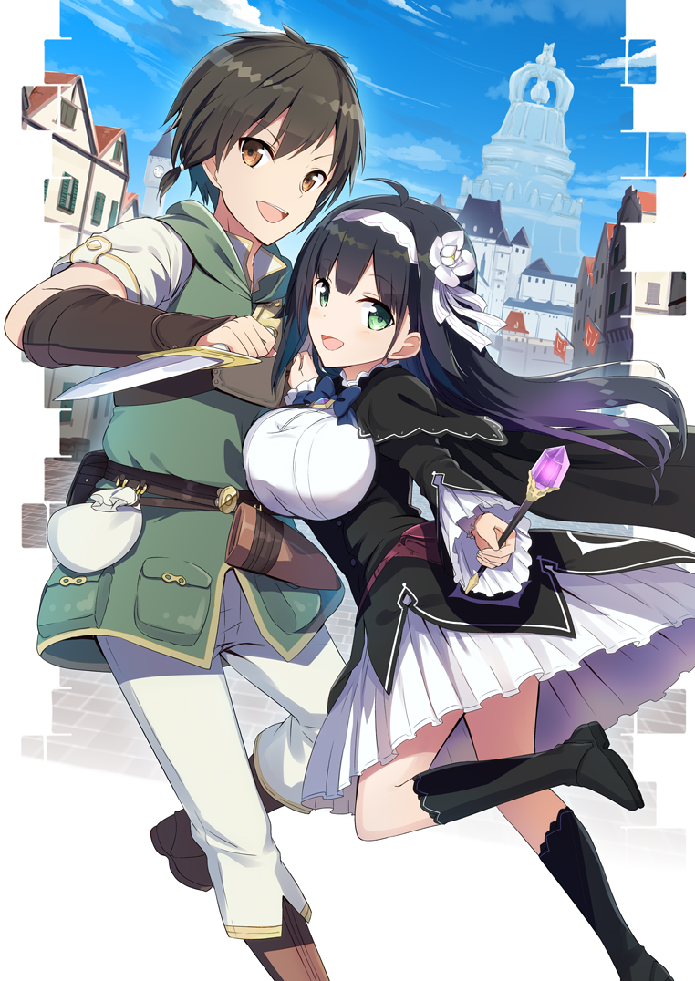 1boy 1girl bangs black_dress black_footwear black_hair blue_sky boots breasts brown_eyes brown_footwear brown_hair building clouds commentary_request copyright_request dagger dress eyebrows_visible_through_hair flag gochou_(atemonai_heya) green_eyes green_jacket holding holding_dagger holding_wand jacket knee_boots large_breasts long_hair outdoors pants sack sheath shirt short_sleeves sky unsheathed very_long_hair wand weapon white_pants white_shirt