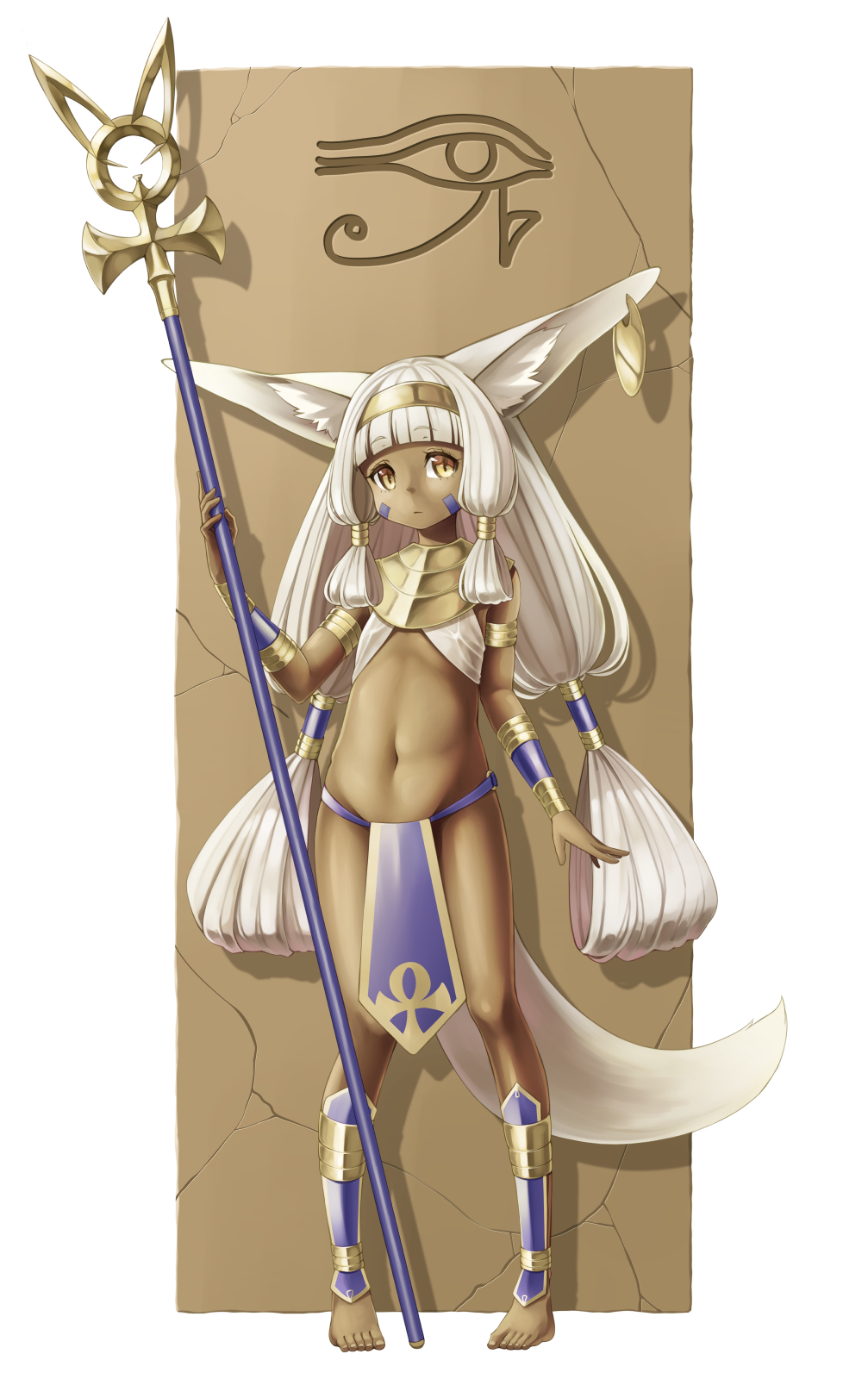 1girl armlet barefoot bracer earrings egyptian_clothes facial_mark fox_girl fox_tail hair_tubes hairband highres holding holding_staff jewelry kazuki_seihou loincloth long_hair looking_at_viewer navel original shin_guards solo staff standing tail tan white_hair yellow_eyes