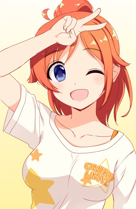 1girl :d bangs blue_eyes blush bra_strap breasts clothes_writing commentary_request dot_nose eyebrows_visible_through_hair fingernails gradient gradient_background hand_up medium_breasts one_eye_closed open_mouth orange_hair original ponytail shirt short_sleeves smile solo totokichi upper_body v white_shirt