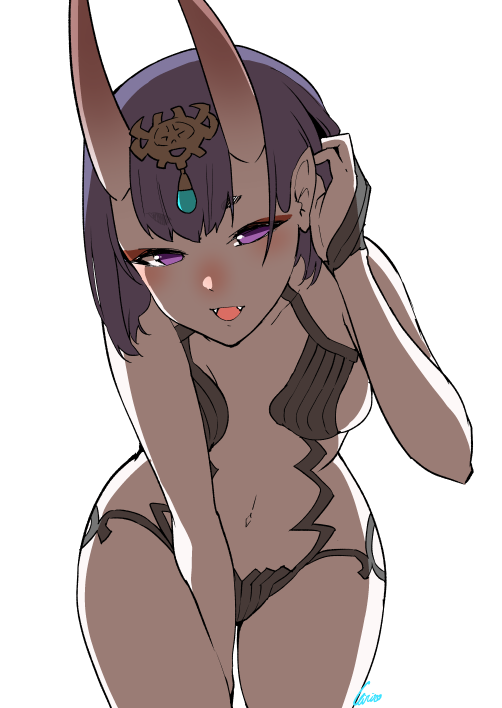 1girl :d artist_name bangs bare_arms bare_shoulders between_legs blush breasts eiri_(eirri) fangs fate/grand_order fate_(series) hair_ornament hand_between_legs horns leaning_forward looking_at_viewer medium_breasts navel oni oni_horns open_mouth purple_hair revealing_clothes short_hair shuten_douji_(fate/grand_order) signature simple_background smile solo violet_eyes white_background