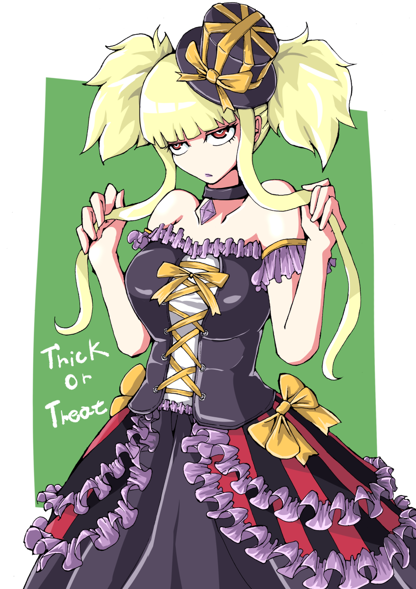 1girl aoki_hagane_no_arpeggio bare_shoulders blonde_hair breasts choker corset dress eyelashes frilled_dress frills halloween hat head_tilt highres kongou_(aoki_hagane_no_arpeggio) large_breasts lipstick looking_at_viewer makeup mini_hat mini_top_hat purple_lipstick red_eyes short_hair short_hair_with_long_locks short_twintails sidelocks solo strapless strapless_dress tettsui_kusuru top_hat trick_or_treat twintails
