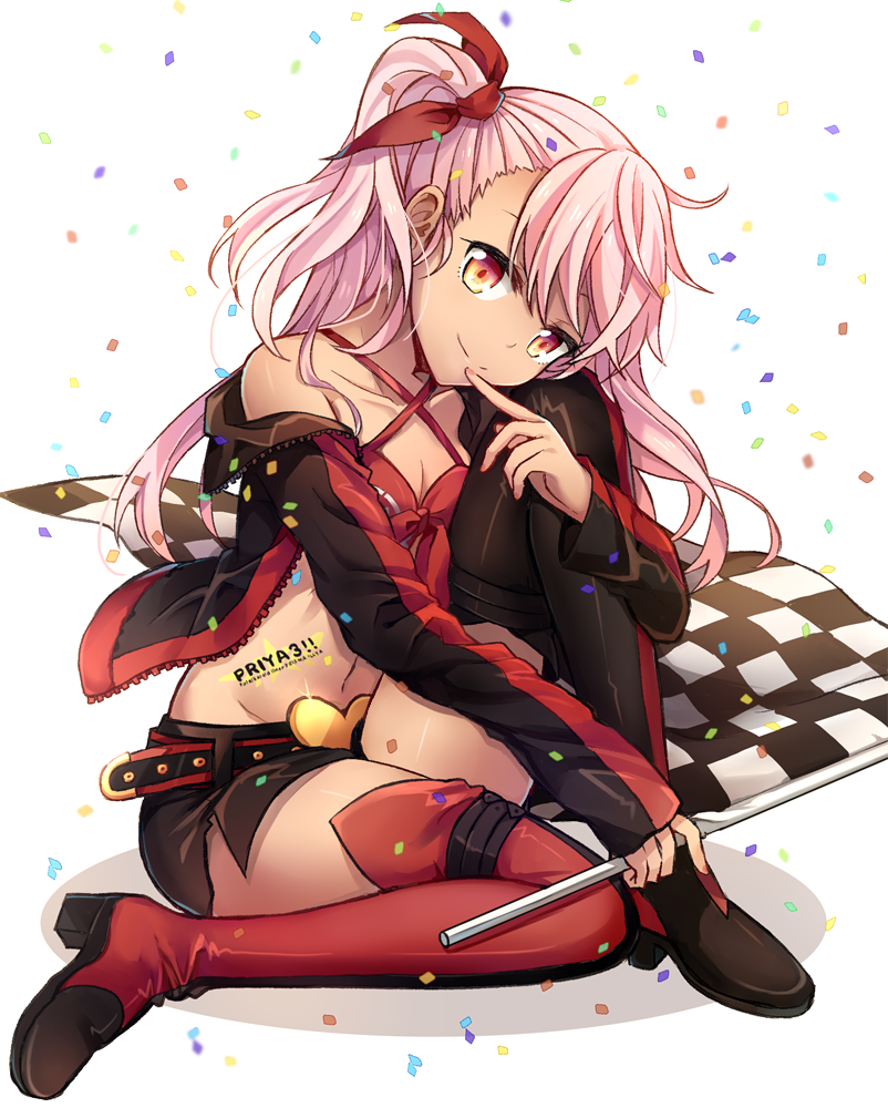 1girl alternate_costume belt bikini_top black_footwear black_jacket black_skirt boots checkered checkered_flag chloe_von_einzbern closed_mouth collarbone confetti criss-cross_halter dark_skin fate/kaleid_liner_prisma_illya fate_(series) finger_to_mouth full_body glint hair_ribbon halterneck heart holding_flag jacket knee_up long_hair long_sleeves looking_at_viewer miniskirt mismatched_footwear multicolored multicolored_eyes off_shoulder one_side_up open_clothes open_jacket pink_hair racequeen red_bikini_top red_eyes red_footwear red_ribbon ribbon shiny shiny_hair side_slit simple_background single_bare_shoulder sitting skirt sleeves_past_wrists smile solo thigh-highs thigh_boots unzipped white_background yellow_eyes yimu