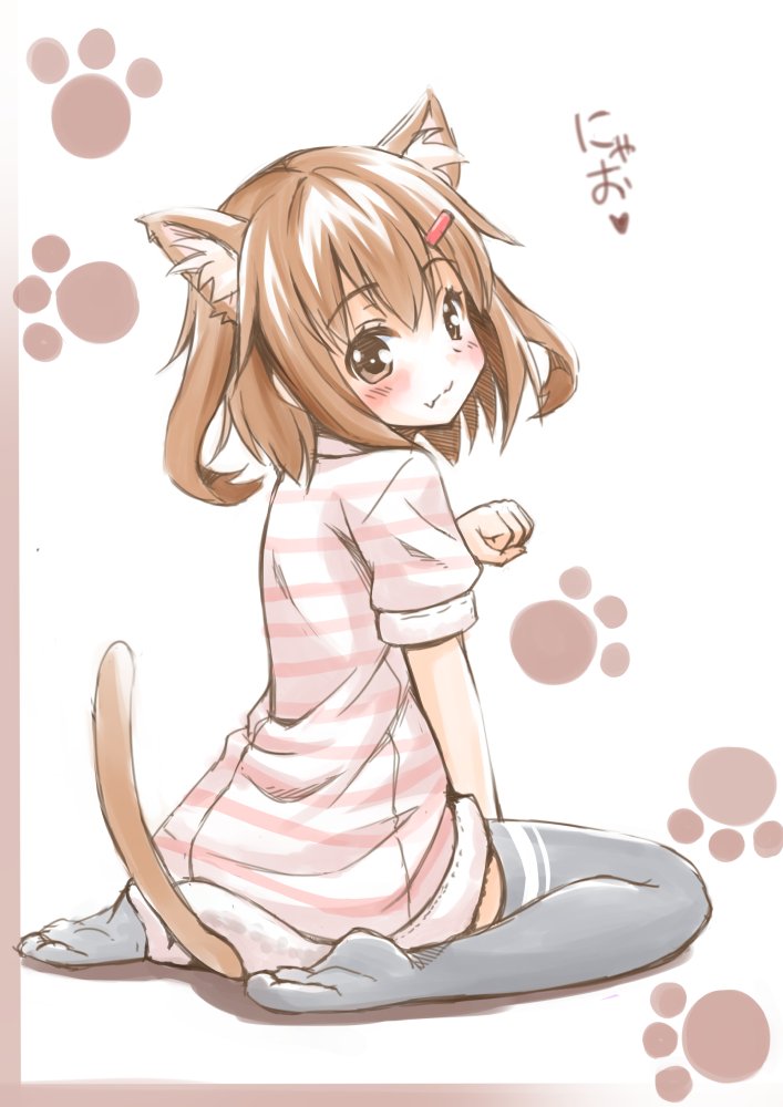 1girl alternate_costume animal_ears black_legwear brown_eyes brown_hair cat_ears cat_tail dress fang from_behind fujishima_shinnosuke ikazuchi_(kantai_collection) kantai_collection looking_at_viewer paw_pose paw_print pink_stripes short_hair sitting solo striped striped_dress tail thigh-highs wariza white_dress