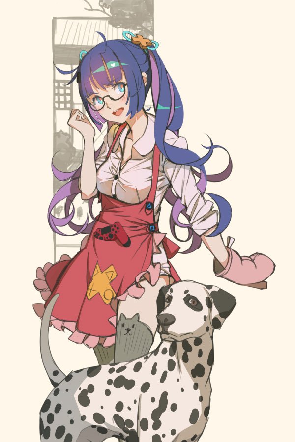 1girl ahoge animal_band_legwear bangs beige_background breasts cat_band_legwear commentary dalmatian dog eyebrows_visible_through_hair glasses hair_between_eyes i long_hair long_sleeves looking_at_viewer open_mouth original purple_hair ribbon_hair shirt sleeves_rolled_up smile standing vofan white_shirt