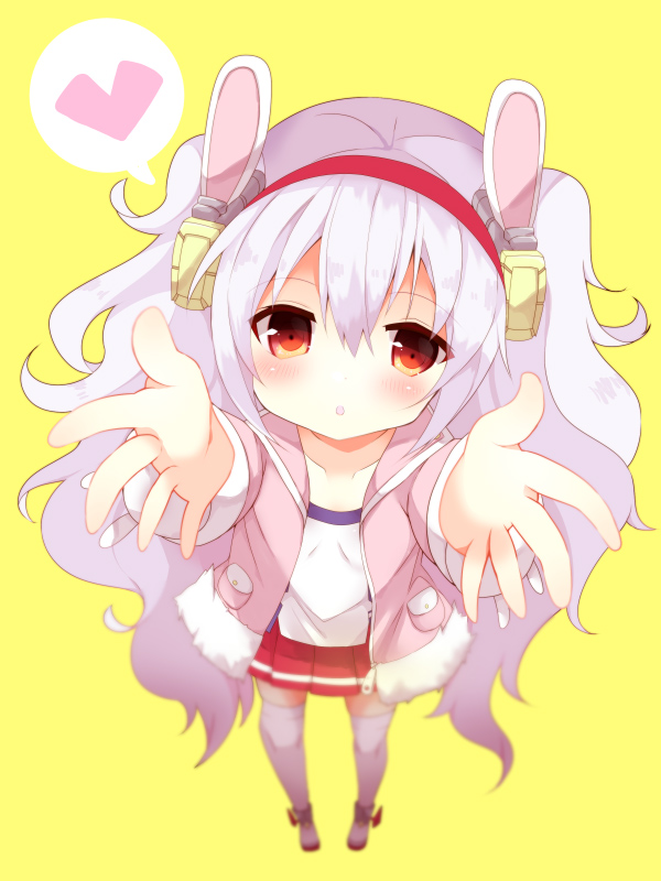 1girl :o animal_ears azur_lane bangs blush brown_eyes camisole collarbone commentary_request eyebrows_visible_through_hair foreshortening full_body fuuna_thise hair_between_eyes hair_ornament hairband heart jacket laffey_(azur_lane) long_hair long_sleeves looking_at_viewer open_clothes open_jacket outstretched_arms parted_lips pink_jacket pleated_skirt rabbit_ears red_hairband red_skirt silver_hair simple_background skirt solo spoken_heart standing thigh-highs twintails very_long_hair white_camisole white_legwear yellow_background