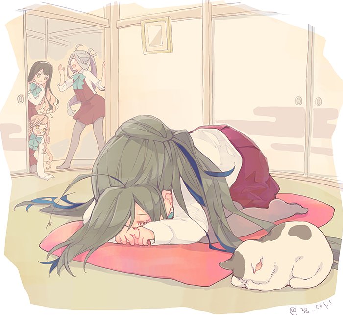 &gt;:) 4girls :d ahoge animal asashimo_(kantai_collection) black_hair bow cat closed_eyes closed_mouth colis commentary_request glasses green_bow green_hair hair_over_one_eye indoors kantai_collection kiyoshimo_(kantai_collection) long_hair long_sleeves lying makigumo_(kantai_collection) multicolored_hair multiple_girls naganami_(kantai_collection) on_stomach open_mouth pink_hair ponytail purple_skirt purple_vest shirt silver_hair skirt sleeping sliding_doors smile twitter_username two-tone_hair very_long_hair vest white_shirt yellow_eyes zabuton