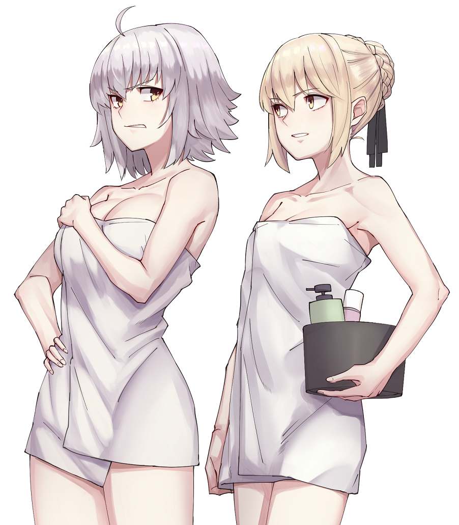 2girls ahoge artoria_pendragon_(all) bangs bare_shoulders black_ribbon blonde_hair braid breasts cleavage clenched_teeth collarbone eye_contact eyebrows_visible_through_hair fate/apocrypha fate/grand_order fate/stay_night fate_(series) fingernails hair_between_eyes hair_bun hair_ribbon hand_on_hip holding jeanne_d'arc_(alter)_(fate) jeanne_d'arc_(fate)_(all) large_breasts looking_at_another looking_to_the_side medium_breasts michihasu multiple_girls naked_towel parted_lips ribbon saber_alter shampoo_bottle short_hair sidelocks silver_hair simple_background standing towel white_background yellow_eyes