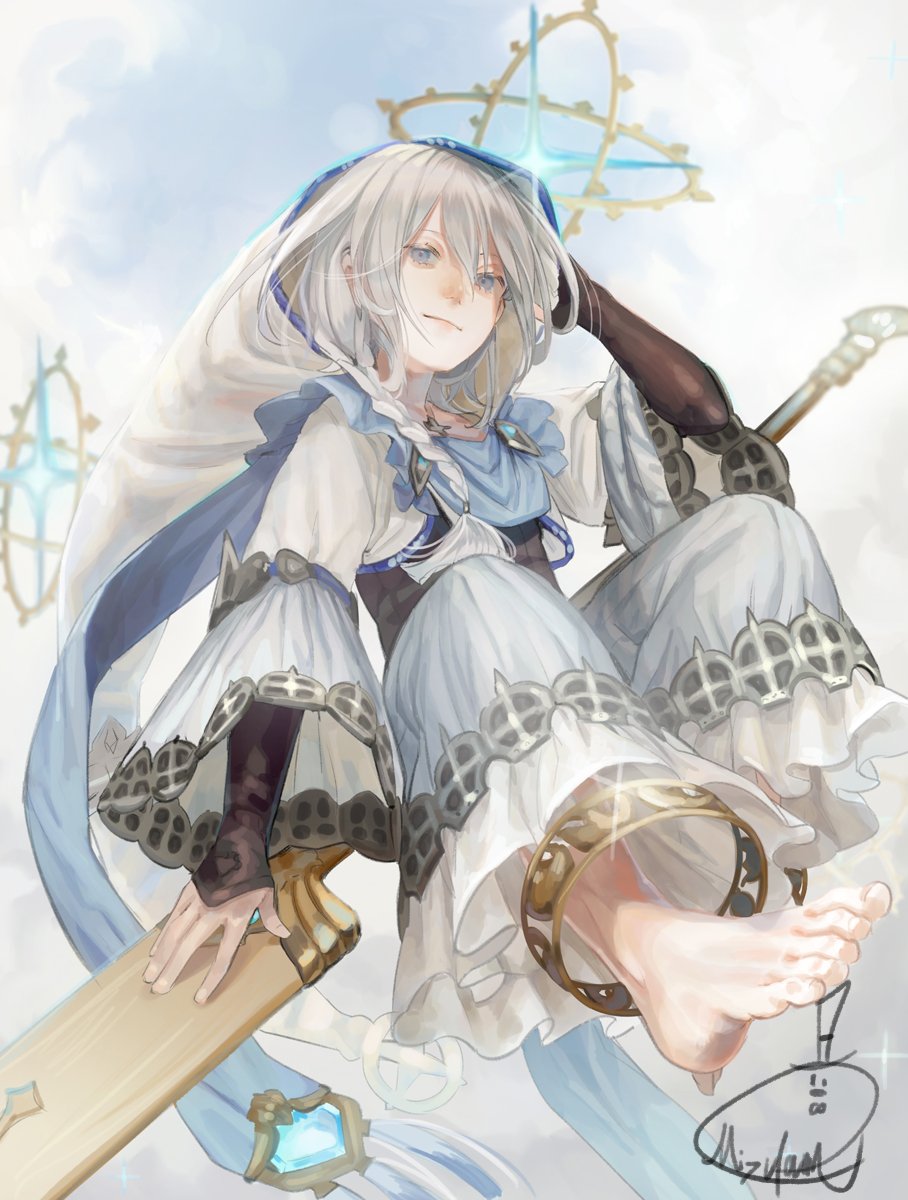 1boy blue_eyes braid feet granblue_fantasy highres hood long_hair male_focus mizutame_tori noa_(granblue_fantasy) pale_skin silver_hair single_braid smile solo