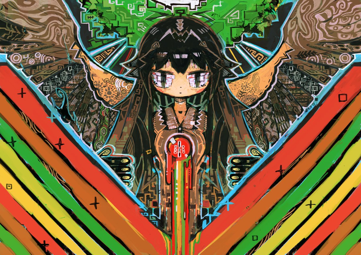 1girl abstract arm_cannon artist_request black_hair colorful long_hair looking_at_viewer reiuji_utsuho solo third_eye touhou weapon