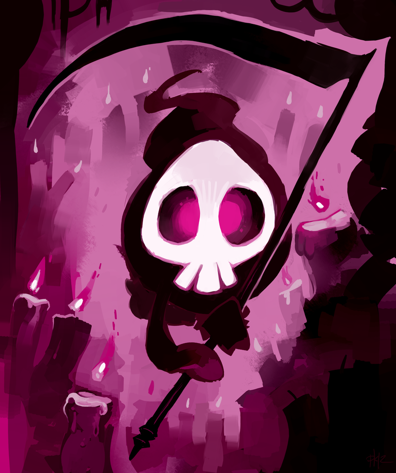 candle duskull fire ghost glitchedpuppet holding holding_scythe looking_at_viewer no_humans pokemon pokemon_(creature) pokemon_(game) pokemon_rse purple purple_background scythe signature skull solo