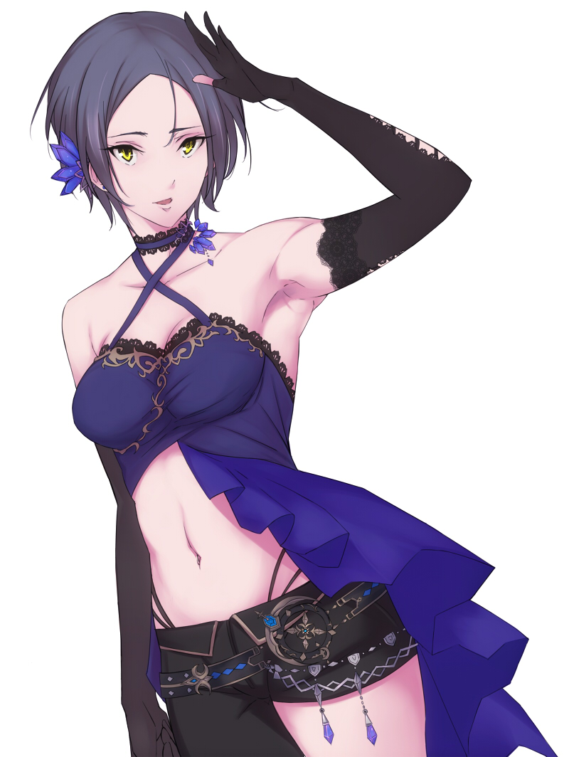 1girl armpits asymmetrical_clothes bangs black_gloves breasts cowboy_shot criss-cross_halter dutch_angle earrings elbow_gloves flower gloves hair_flower hair_ornament halterneck hand_up hattori13 hayami_kanade idolmaster idolmaster_cinderella_girls jewelry looking_at_viewer midriff open_mouth parted_bangs partly_fingerless_gloves purple_hair short_hair sleeveless standing white_background yellow_eyes