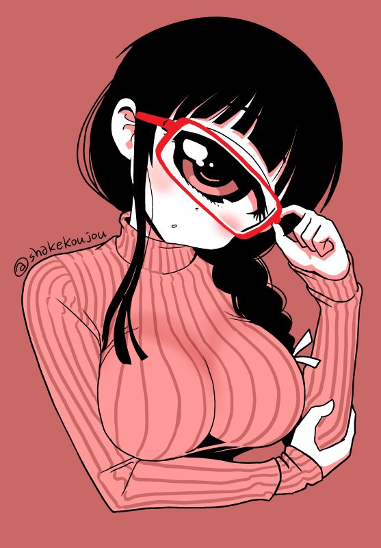 1girl :o adjusting_eyewear blush breasts commentary_request hand_up hitomi_sensei_no_hokenshitsu large_breasts long_hair long_sleeves looking_at_viewer manaka_hitomi monochrome monocle parted_lips red red-framed_eyewear red_background red_eyes ribbed_sweater shake-o simple_background solo sweater twitter_username upper_body