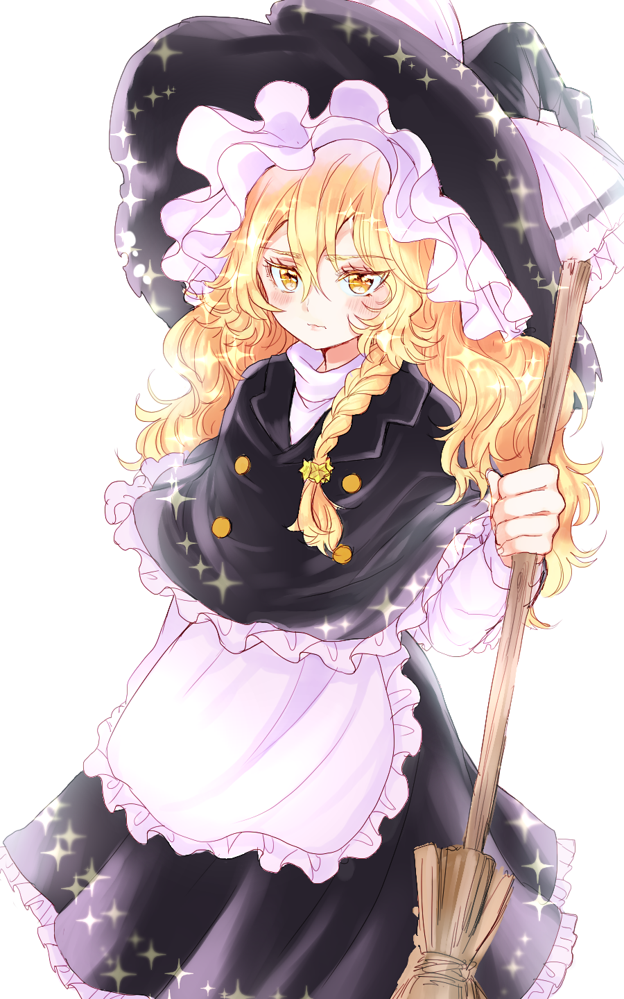 1girl apron black_capelet black_dress blonde_hair blush bow braid broom capelet commentary_request dress eyebrows_visible_through_hair frills hair_between_eyes hair_ornament hat hat_bow highres holding holding_broom kirisame_marisa long_hair long_sleeves looking_at_viewer petticoat rosette_(roze-ko) simple_background single_braid solo sparkle standing star star_hair_ornament touhou upper_body waist_apron wavy_hair white_background white_bow witch_hat yellow_eyes