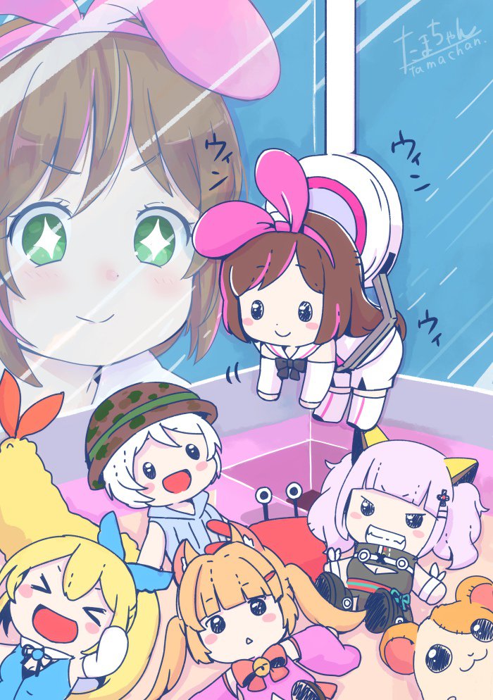 &gt;_&lt; a.i._channel animal_ears artist_request blue_eyes character_request crab crossover fox_ears hamtaro hamtaro_(hamtaro) kaguya_luna kaguya_luna_(character) kemomimi_vr_channel kizuna_ai mikoko_(kemomimi_vr_channel) mirai_akari mirai_akari_project plushie signature stuffed_animal toy virtual_youtuber
