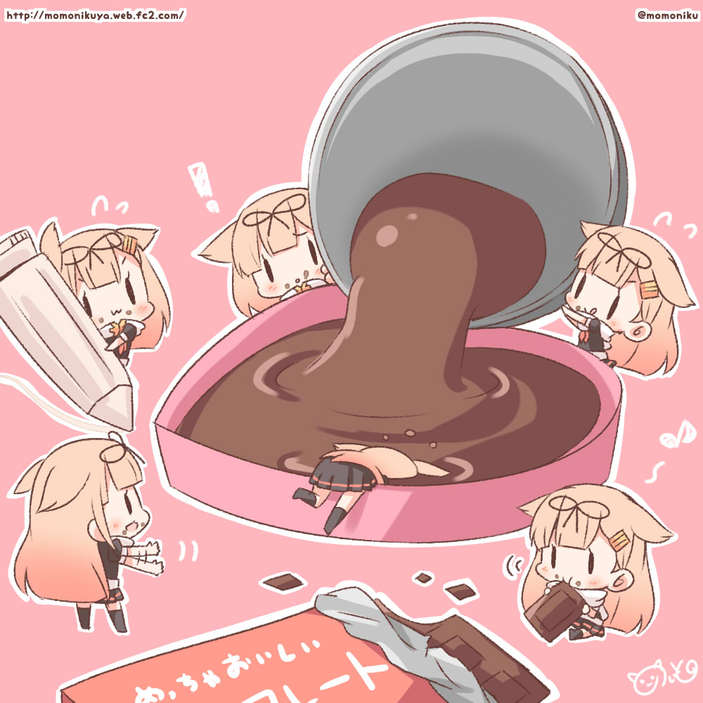 ! 1girl :3 :q :t black_legwear blonde_hair chibi chocolate chocolate_on_face clone eating flying_sweatdrops food food_on_face hair_flaps hair_ornament hair_ribbon hairclip heart-shaped_box kantai_collection long_hair momoniku_(taretare-13) musical_note open_mouth partially_submerged pink_background pleated_skirt pouring remodel_(kantai_collection) ribbon scarf school_uniform serafuku signature sitting skirt socks tongue tongue_out twitter_username valentine watermark waving_arms web_address yuudachi_(kantai_collection)