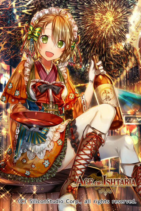 1girl age_of_ishtaria alcohol apron beer beer_bottle boots bow brown_hair company_name copyright_name fireworks gloves green_eyes maid maid_apron maid_headdress naru_(andante) night night_sky official_art open_mouth shuma_(age_of_ishtaria) sitting sky solo sparkle thigh-highs