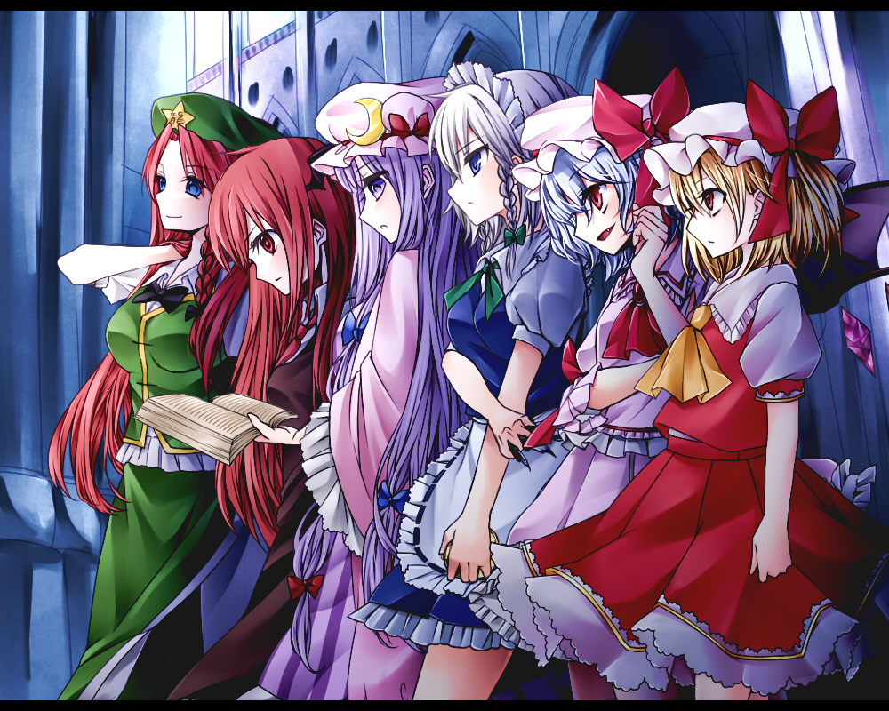 6+girls :/ :o ascot bat_wings beret between_fingers black_dress blonde_hair blue_dress blue_eyes blue_hair book bow braid brooch china_dress chinese_clothes commentary_request cowboy_shot crescent crescent_moon_pin doorway dress dress_shirt eyebrows_visible_through_hair eyes_visible_through_hair fang flandre_scarlet frilled_dress frilled_skirt frills green_dress hair_ribbon hanamari hat hat_bow head_wings holding holding_book hong_meiling izayoi_sakuya jewelry knife koakuma light_smile long_hair long_sleeves looking_to_the_side maid maid_headdress mob_cap multiple_girls necktie open_book patchouli_knowledge pocket_watch profile puffy_short_sleeves puffy_sleeves purple_dress purple_hair red_eyes red_neckwear redhead remilia_scarlet ribbon ringed_eyes serious shirt short_hair short_sleeves side_ponytail silver_hair skirt skirt_set star striped striped_dress the_embodiment_of_scarlet_devil touhou tress_ribbon twin_braids vertical_stripes very_long_hair wall watch white_shirt wide_sleeves wings