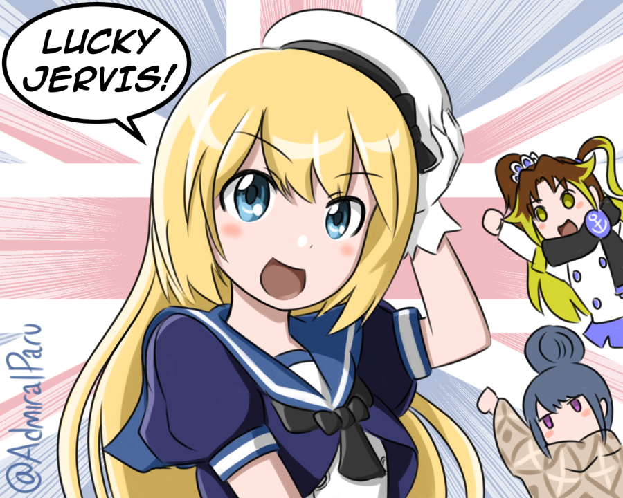 3girls admiral_paru blonde_hair blue_eyes blue_sailor_collar character_name crossover dress emphasis_lines female_admiral_(kantai_collection) gloves hat jervis_(kantai_collection) kantai_collection long_hair looking_at_viewer multiple_girls sailor_collar sailor_dress seiyuu_connection shima_rin short_sleeves solo_focus touyama_nao twitter_username union_jack upper_body white_gloves white_hat yurucamp