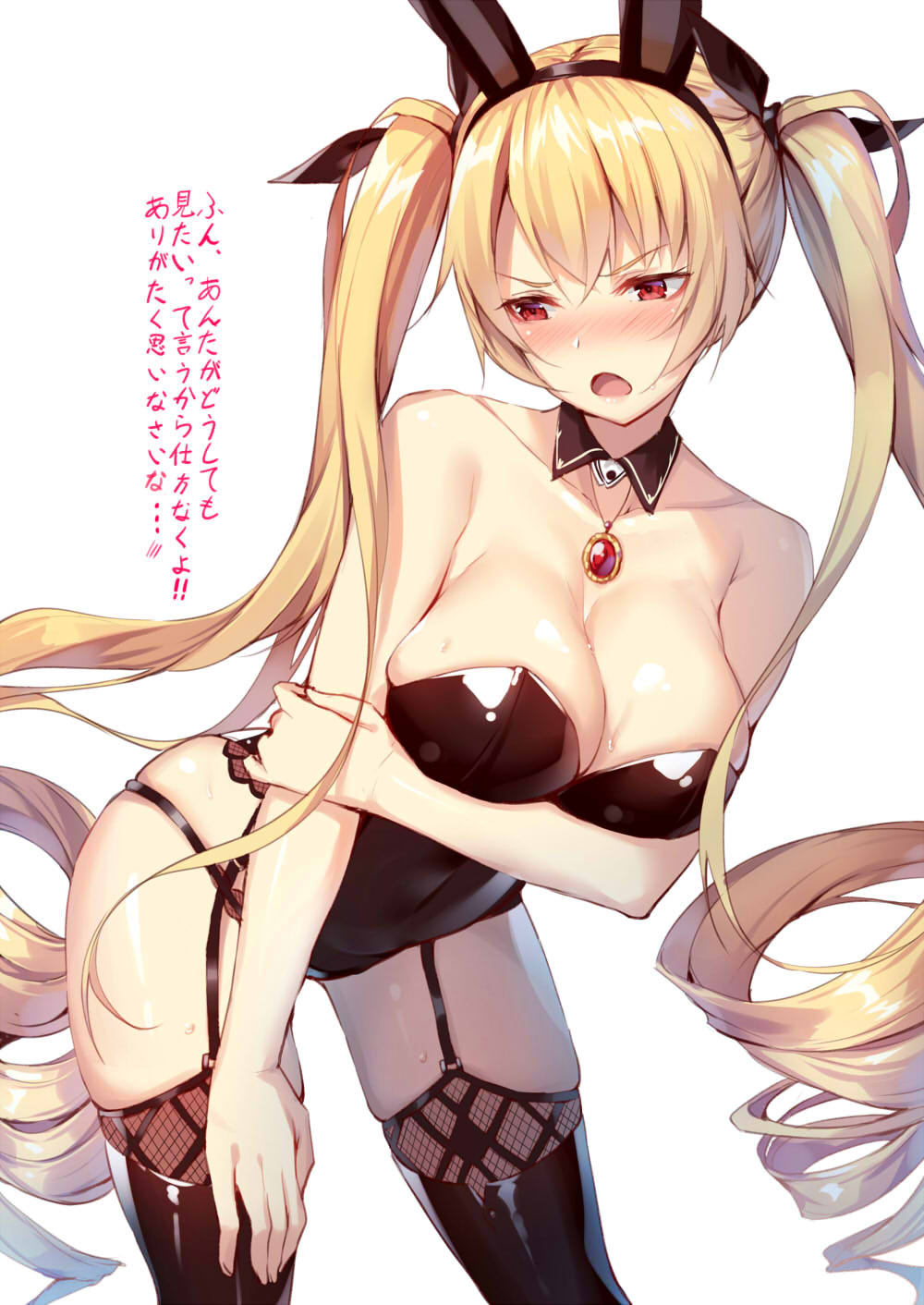 1girl alexmaster alternate_costume animal_ears azur_lane bare_shoulders blonde_hair blush breasts bunnysuit cleavage collarbone commentary_request cowboy_shot d: detached_collar eyelashes fake_animal_ears floating_hair garter_straps hair_ornament hairband hand_on_own_thigh highres jewelry large_breasts long_hair looking_down medallion nelson_(azur_lane) open_mouth rabbit_ears red_eyes ringlets solo thigh-highs translation_request tsundere twintails v-shaped_eyebrows very_long_hair