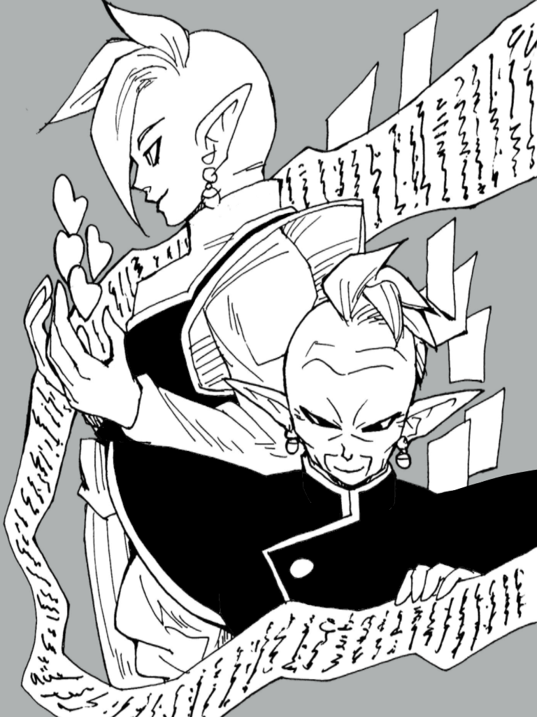 2boys black_eyes character_request dragon_ball dragon_ball_super egyptian_clothes grey_background happy heart long_sleeves looking_away looking_down male_focus mohawk monochrome multiple_boys paper pointy_ears simple_background smile zamasu