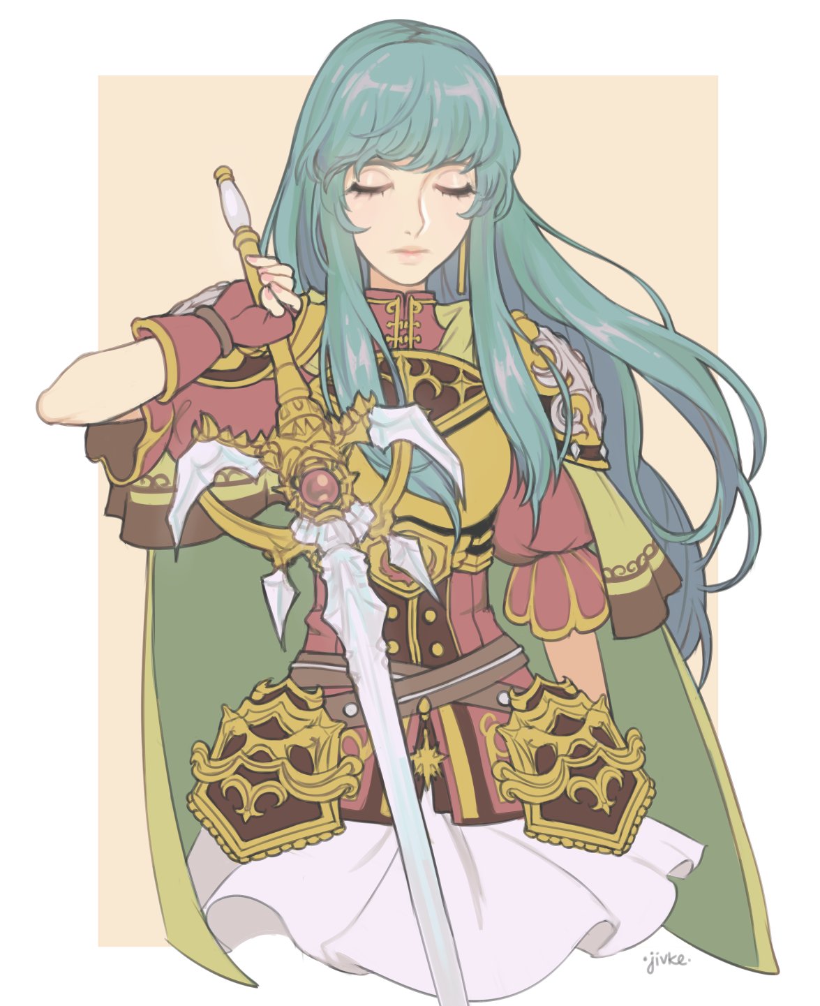 1girl armor breastplate cape closed_eyes eirika fire_emblem fire_emblem:_seima_no_kouseki gloves green_hair grey_background highres holding holding_sword holding_weapon jivke long_hair simple_background skirt solo sword weapon