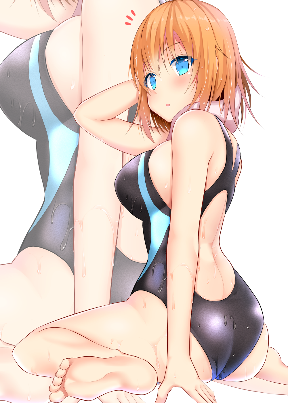 1girl :o arm_up ass bangs black_swimsuit blue_eyes blush breasts competition_swimsuit eyebrows_visible_through_hair from_behind highres large_breasts looking_back one-piece_swimsuit open_mouth orange_hair original sideboob simple_background sitting soles solo swimsuit takeyuu thighs towel wariza wet white_background zoom_layer