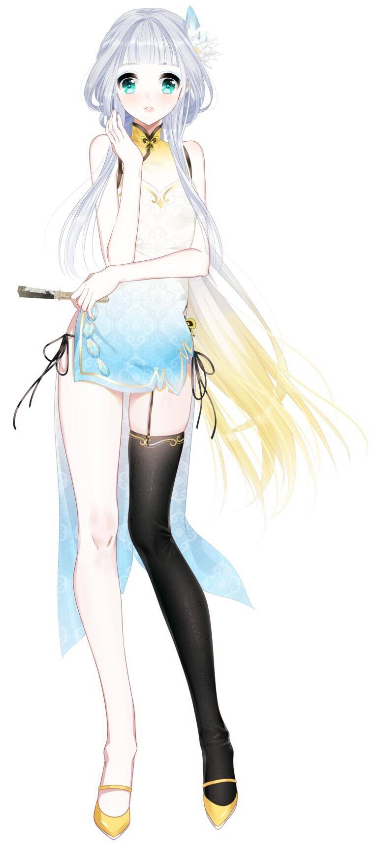 1girl :o bangs black_legwear black_panties blonde_hair blue_eyes blunt_bangs china copyright_request dress fan folding_fan full_body hair_ornament hand_up high_heels highres holding long_hair looking_at_viewer miemia multicolored_hair official_art panties parted_lips side-tie_panties silver_hair simple_background single_thighhigh solo standing thigh-highs underwear very_long_hair white_background yellow_footwear