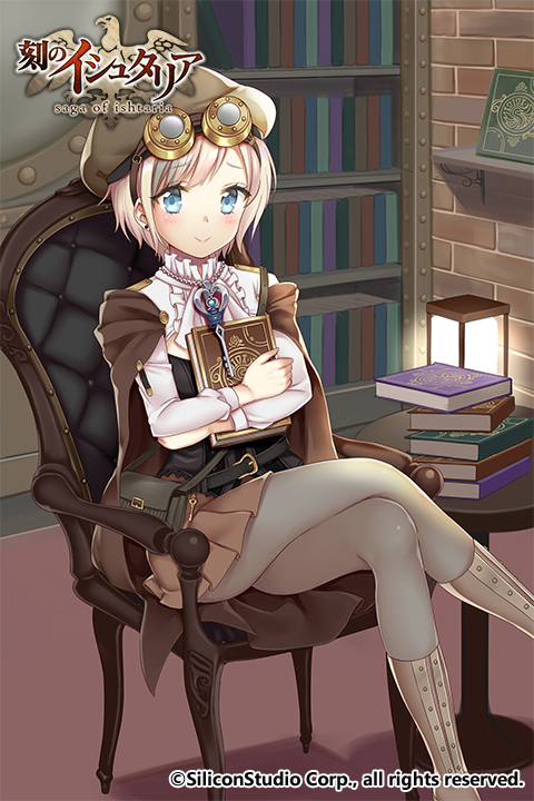 1girl age_of_ishtaria belldot belt beret blonde_hair blue_eyes book boots capelet carter_(age_of_ishtaria) chair company_name copyright_name goggles goggles_on_headwear hat key lamp official_art pantyhose short_hair sitting solo