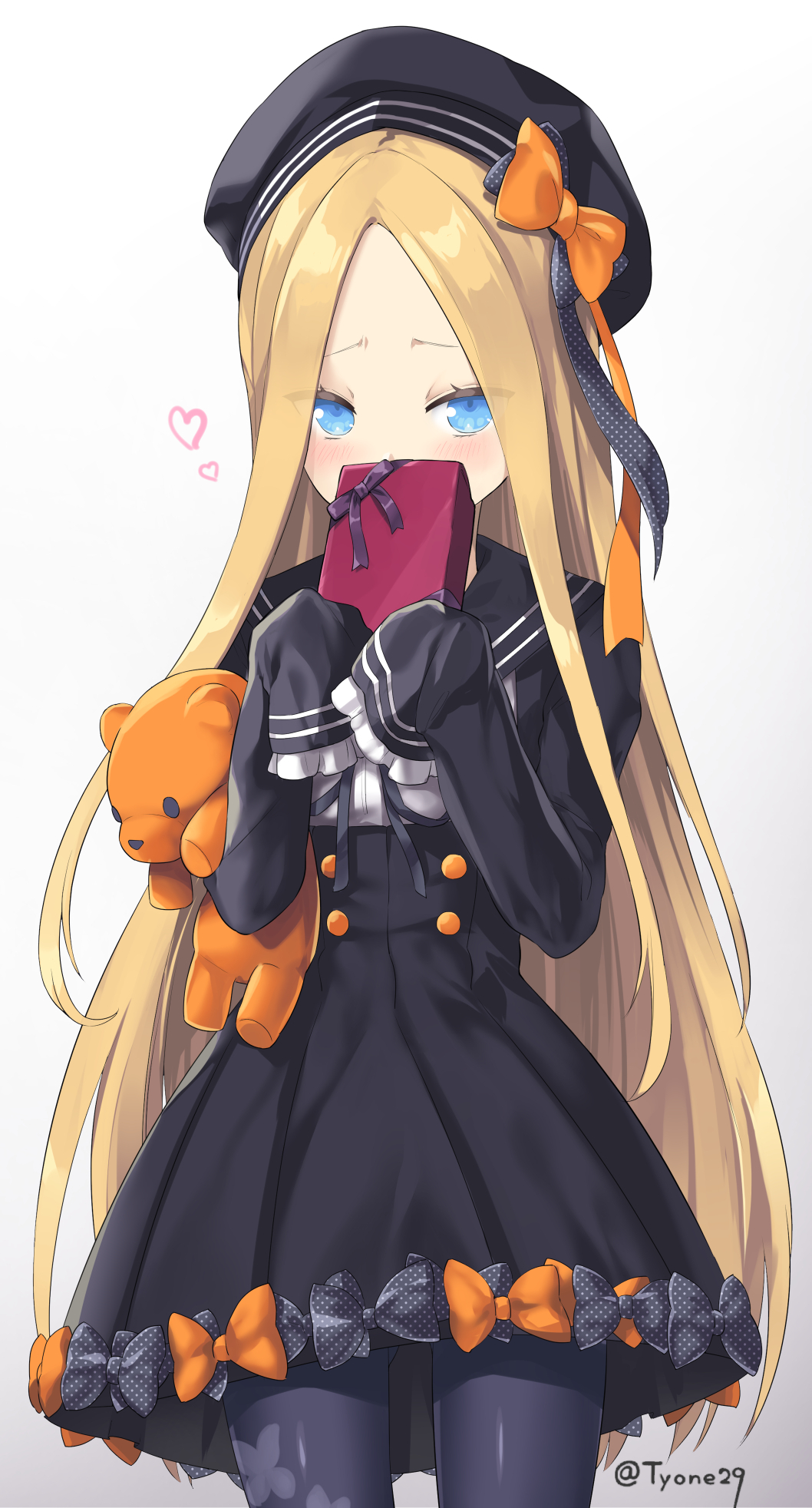 1girl abigail_williams_(fate/grand_order) animal_print bangs black_bow black_dress black_hat black_legwear blonde_hair blue_eyes blush bow box butterfly_print covered_mouth dress fate/grand_order fate_(series) forehead gift gift_box hat highres holding holding_gift long_hair long_sleeves looking_at_viewer object_hug orange_bow pantyhose parted_bangs polka_dot polka_dot_bow print_legwear sailor_collar sailor_dress sailor_hat simple_background sleeves_past_wrists solo stuffed_animal stuffed_toy teddy_bear twitter_username valentine very_long_hair white_background yyo