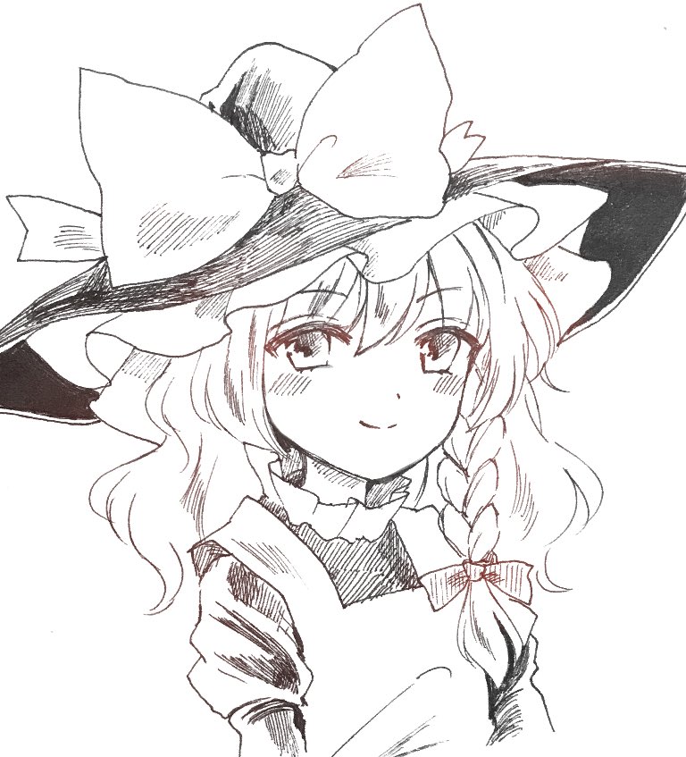 1girl braid commentary dress greyscale hat juliet_sleeves kirisame_marisa long_hair long_sleeves looking_at_viewer monochrome puffy_sleeves side_braid single_braid smile solo the_embodiment_of_scarlet_devil touhou wavy_hair witch_hat yururi_nano