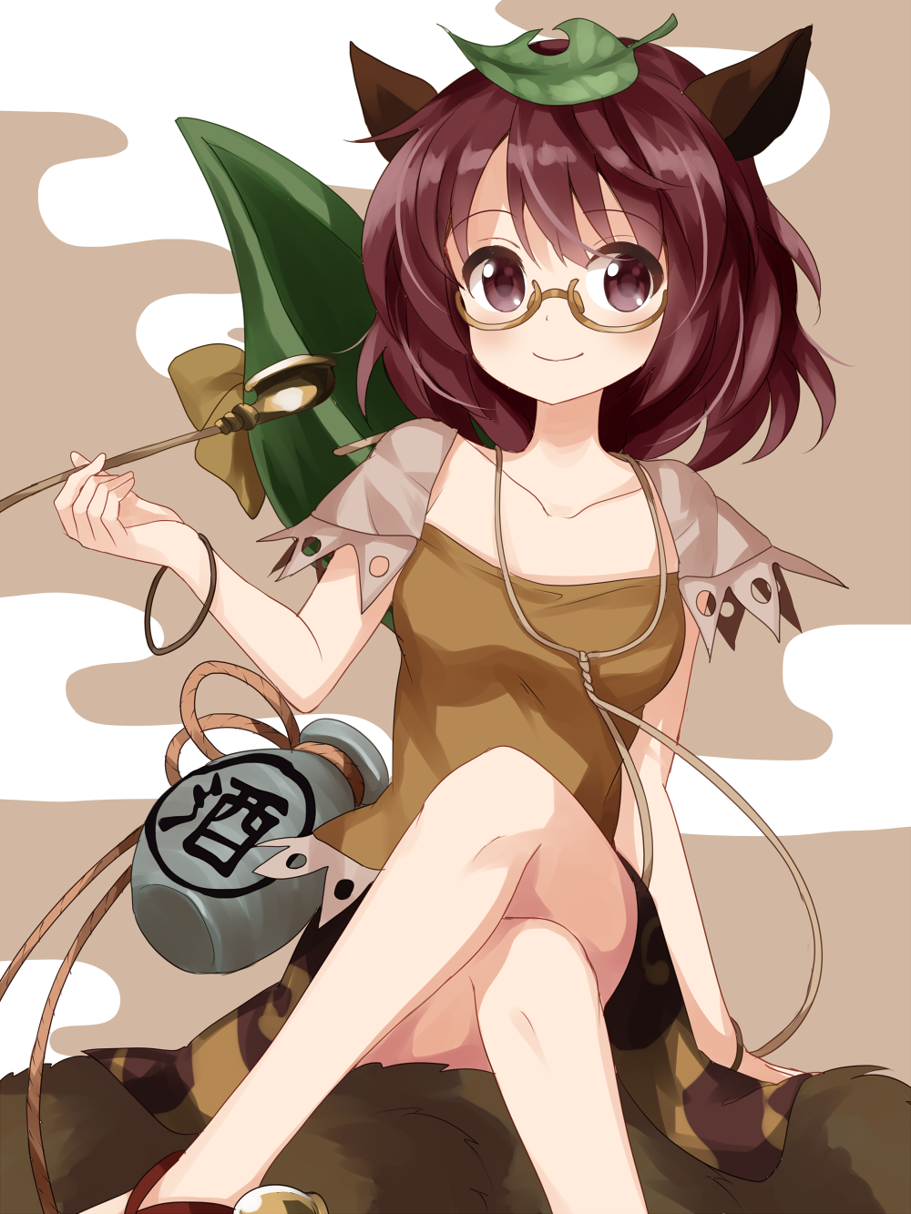 1girl animal_ears breasts brown_background brown_eyes brown_hair brown_shirt brown_skirt collarbone commentary_request eyebrows_visible_through_hair futatsuiwa_mamizou glasses gourd highres holding holding_pipe leaf leaf_on_head legs_crossed looking_at_viewer medium_breasts pipe raccoon_ears rope ruu_(tksymkw) sandals shirt short_hair simple_background sitting skirt smile solo touhou translation_request