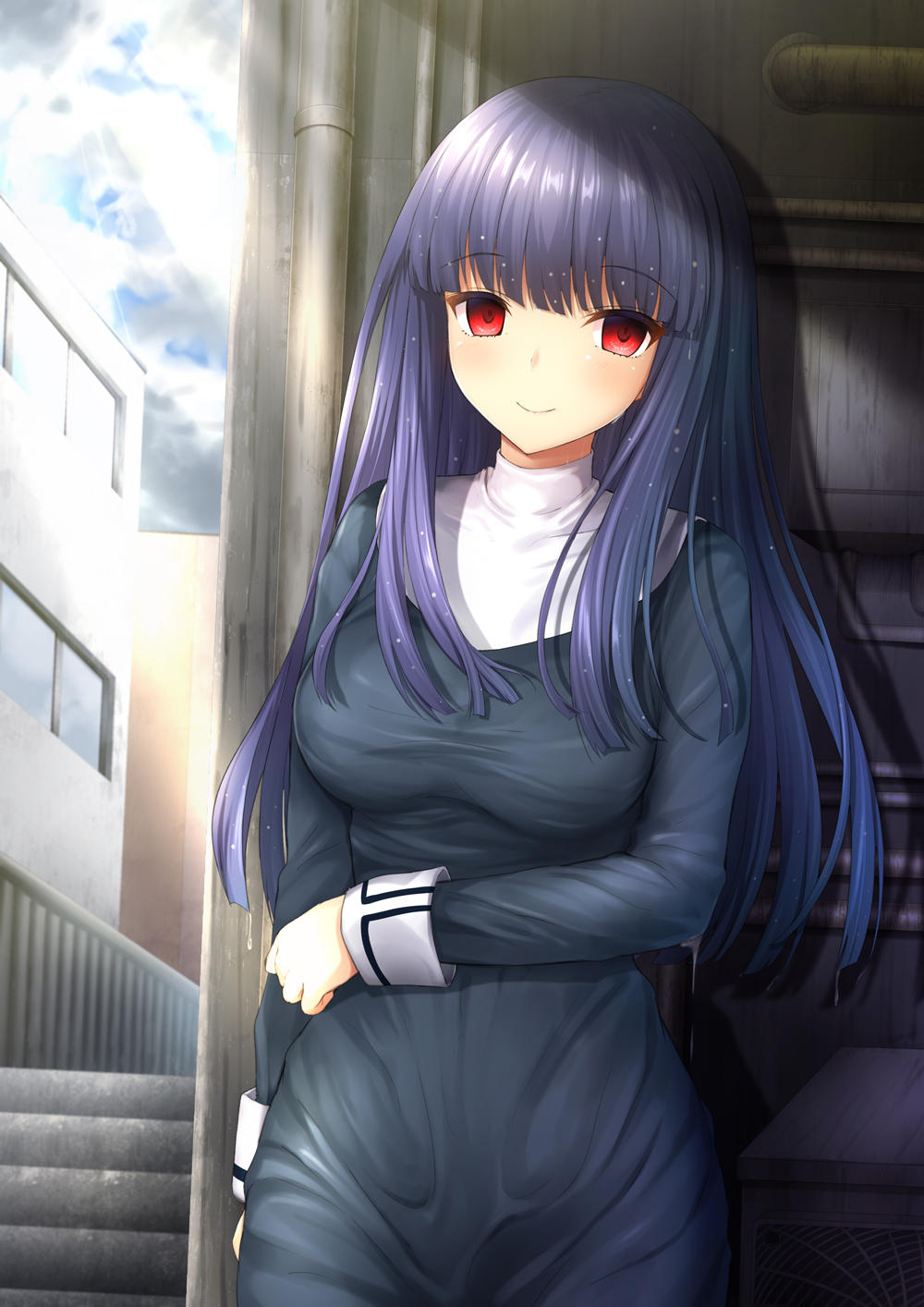 1girl after_rain against_wall arm_at_side asagami_fujino bangs black_dress blunt_bangs blush breasts building closed_mouth clouds cloudy_sky day dress highres hime_cut kara_no_kyoukai long_hair long_sleeves looking_at_viewer medium_breasts pipes purple_hair red_eyes shiny shiny_hair sky smile solo stairs straight_hair sunburst taiki_ken wet wet_clothes wet_dress wet_hair